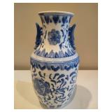 Blue & White Ceramic Two Handled Vase