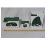 Department 56 Heritage Village Accessories Lot, Red Christmas Sled, Wooden Park Bench, Sisal Pine Trees