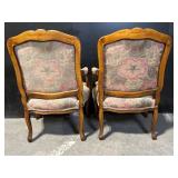 Pair of Vintage Floral Upholstered Armchairs - Carved Wood Frames