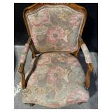 Pair of Vintage Floral Upholstered Armchairs - Carved Wood Frames