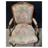 Pair of Vintage Floral Upholstered Armchairs - Carved Wood Frames