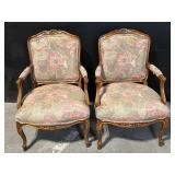 Pair of Vintage Floral Upholstered Armchairs - Carved Wood Frames