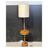 Vintage Wood Floor Lamp with Round Brass-Trim Tray Shelf and Linen Drum Shade