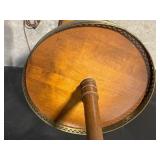Vintage Wood Floor Lamp with Round Brass-Trim Tray Shelf and Linen Drum Shade