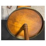 Vintage Wood Floor Lamp with Round Brass-Trim Tray Shelf and Linen Drum Shade
