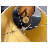 Vintage Wood Floor Lamp with Round Brass-Trim Tray Shelf and Linen Drum Shade