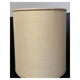 Vintage Wood Floor Lamp with Round Brass-Trim Tray Shelf and Linen Drum Shade