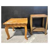 Oak End Tables Pair: Ornate Carved Table with Scroll Legs & Simple 2-Tier Table
