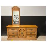 Oak Wood Dresser With Mirror - 6 Drawers & Center Cabinet
