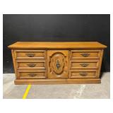 Oak Wood Dresser With Mirror - 6 Drawers & Center Cabinet