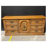 Oak Wood Dresser With Mirror - 6 Drawers & Center Cabinet