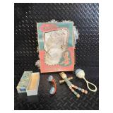 Ideal Plastic Infant Rattle, Baby Shawl & Beaded Toy - Vintage Nursery Lot