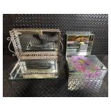 Vintage Filigree Metal Vanity Organizer Set with Floral Glass Boxes