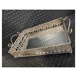 Vintage Filigree Metal Vanity Organizer Set with Floral Glass Boxes