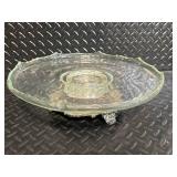 Vintage Green Glass Compote - Ornate Cast Metal Base