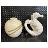 Pair of Made-in-Japan Ceramic Vases - Round Glazed Vase with Color Stripe & Swan-Shaped Decanter