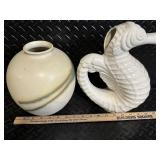 Pair of Made-in-Japan Ceramic Vases - Round Glazed Vase with Color Stripe & Swan-Shaped Decanter
