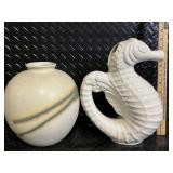 Pair of Made-in-Japan Ceramic Vases - Round Glazed Vase with Color Stripe & Swan-Shaped Decanter