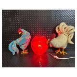 Floral Fabric Roosters & Red Glass Orb Lamp