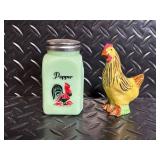 Pepper Shaker & Rooster Figurine - Ceramic Kitchen Decor Set