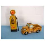 Ceramic Old Model Pick-up Truck and Gas Pump Figures