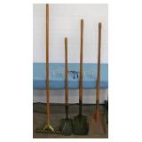 Lawn / Garden Tools (three Shovels, one Union Fork and Hoe Combo, one hand Hoe) and (2) Hangers