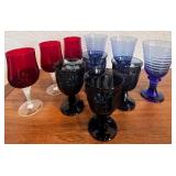 Set of 8 Vintage Colored Glass Goblets in Red and Blue