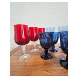 Set of 8 Vintage Colored Glass Goblets in Red and Blue