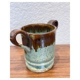 Handmade Studio Pottery Two-Handled Mug with Brown and Green Glaze
