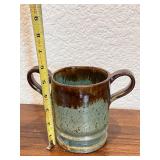 Handmade Studio Pottery Two-Handled Mug with Brown and Green Glaze