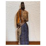 Hand-Carved Folk Art Wood Figure with Blue Accents and Ribbon