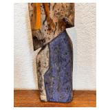 Hand-Carved Folk Art Wood Figure with Blue Accents and Ribbon