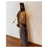 Hand-Carved Folk Art Wood Figure with Blue Accents and Ribbon