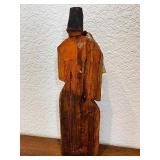 Hand-Carved Folk Art Wood Figure with Blue Accents and Ribbon