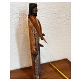 Hand-Carved Folk Art Wood Figure with Blue Accents and Ribbon