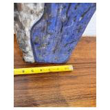 Hand-Carved Folk Art Wood Figure with Blue Accents and Ribbon