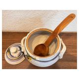 Handmade Signed Ceramic Soup Pot with Lid and Wooden Ladle