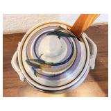 Handmade Signed Ceramic Soup Pot with Lid and Wooden Ladle