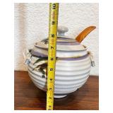 Handmade Signed Ceramic Soup Pot with Lid and Wooden Ladle