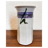 Handmade Ceramic Octagonal Vase with Purple and Green Brushwork, Signed