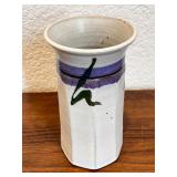 Handmade Ceramic Octagonal Vase with Purple and Green Brushwork, Signed