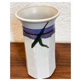 Handmade Ceramic Octagonal Vase with Purple and Green Brushwork, Signed