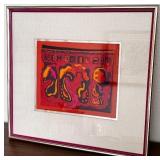Framed Textile Art in Red and Orange with Abstract Design