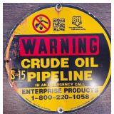 Round Warning Crude Oil Pipeline Metal Sign, 12-Inch Diameter