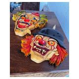 Set of 2 Handcrafted Wood Carved Clown Wall Masks Signed P. A. Barry