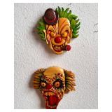 Set of 2 Signed Hand-Carved Colorful Clown Wall Masks