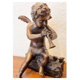 Bronze Cherub Figurine Playing Flute on Log with Birds