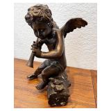 Bronze Cherub Figurine Playing Flute on Log with Birds