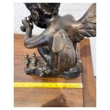 Bronze Cherub Figurine Playing Flute on Log with Birds