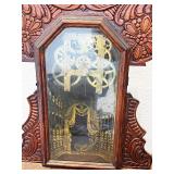 Antique Wooden Case Mantel Clock with Ornate Carving and Glass Panel